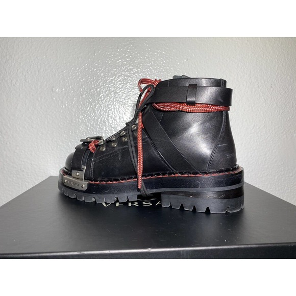 Versace Combat Ankle Boot 37.5 Black sz 7 Anfibio T.25 Vitello Nero Palladio - Picture 6 of 15